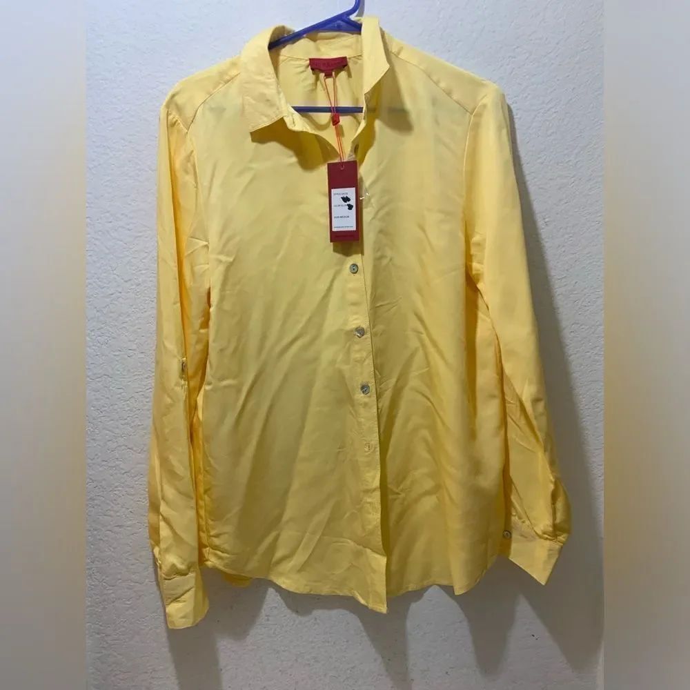 New Lior Luxe yellow crinkle button down top